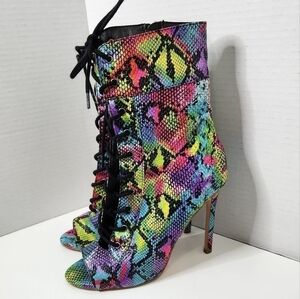 multicolor snake print bootie stiletto’s
